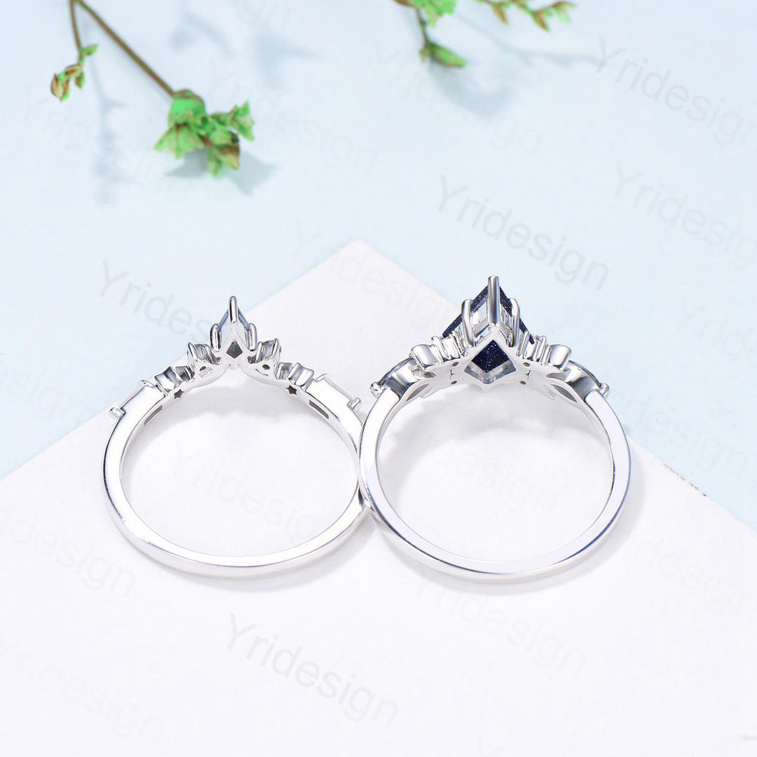 Vintage kite cut blue sandstone engagement ring set Crescent moon star alexandrite amethyst cluster ring unique gothic bridal ring set women - PENFINE