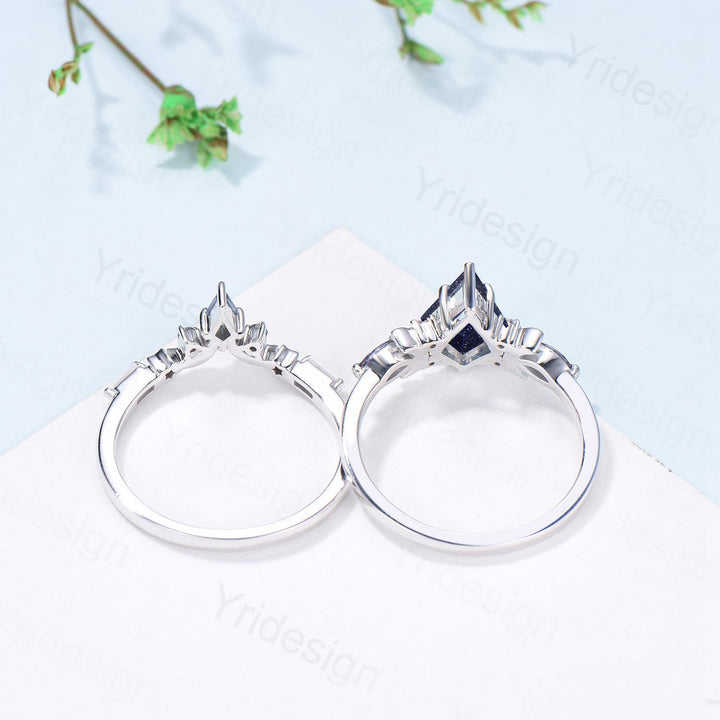Vintage kite cut blue sandstone engagement ring set Crescent moon star alexandrite amethyst cluster ring unique gothic bridal ring set women - PENFINE