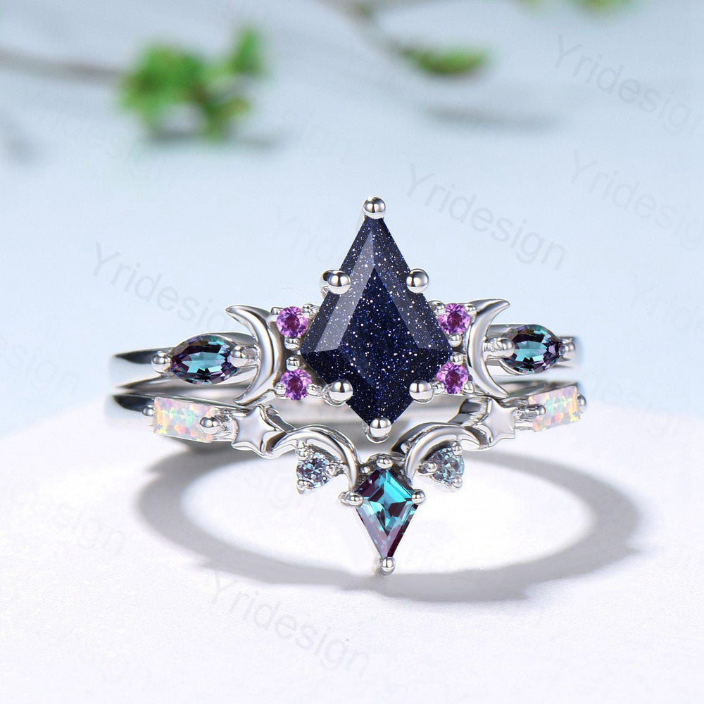Vintage kite cut blue sandstone engagement ring set Crescent moon star alexandrite amethyst cluster ring unique gothic bridal ring set women - PENFINE