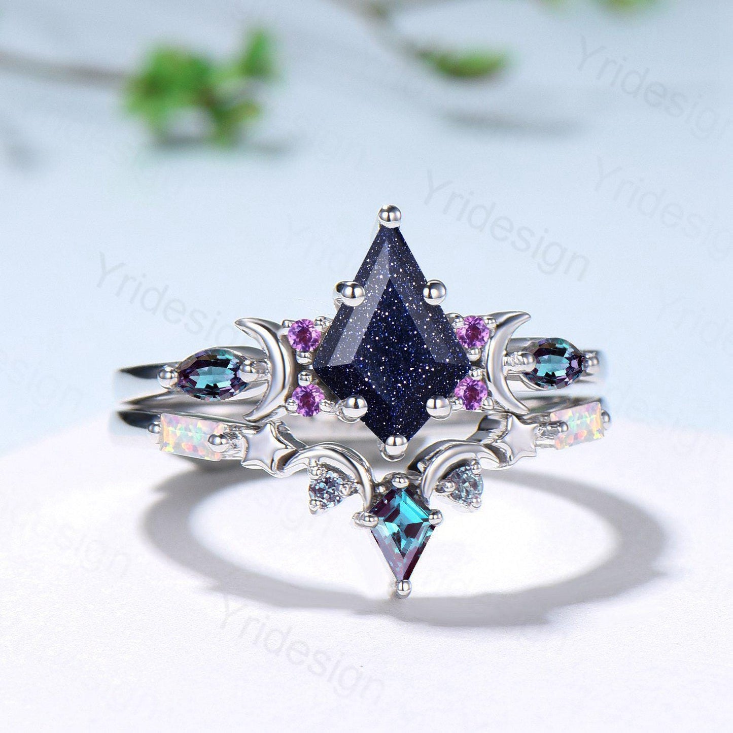 Vintage kite cut blue sandstone engagement ring set Crescent moon star alexandrite amethyst cluster ring unique gothic bridal ring set women - PENFINE