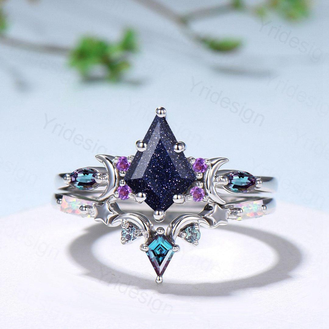 Vintage kite cut blue sandstone engagement ring set Crescent moon star alexandrite amethyst cluster ring unique gothic bridal ring set women - PENFINE