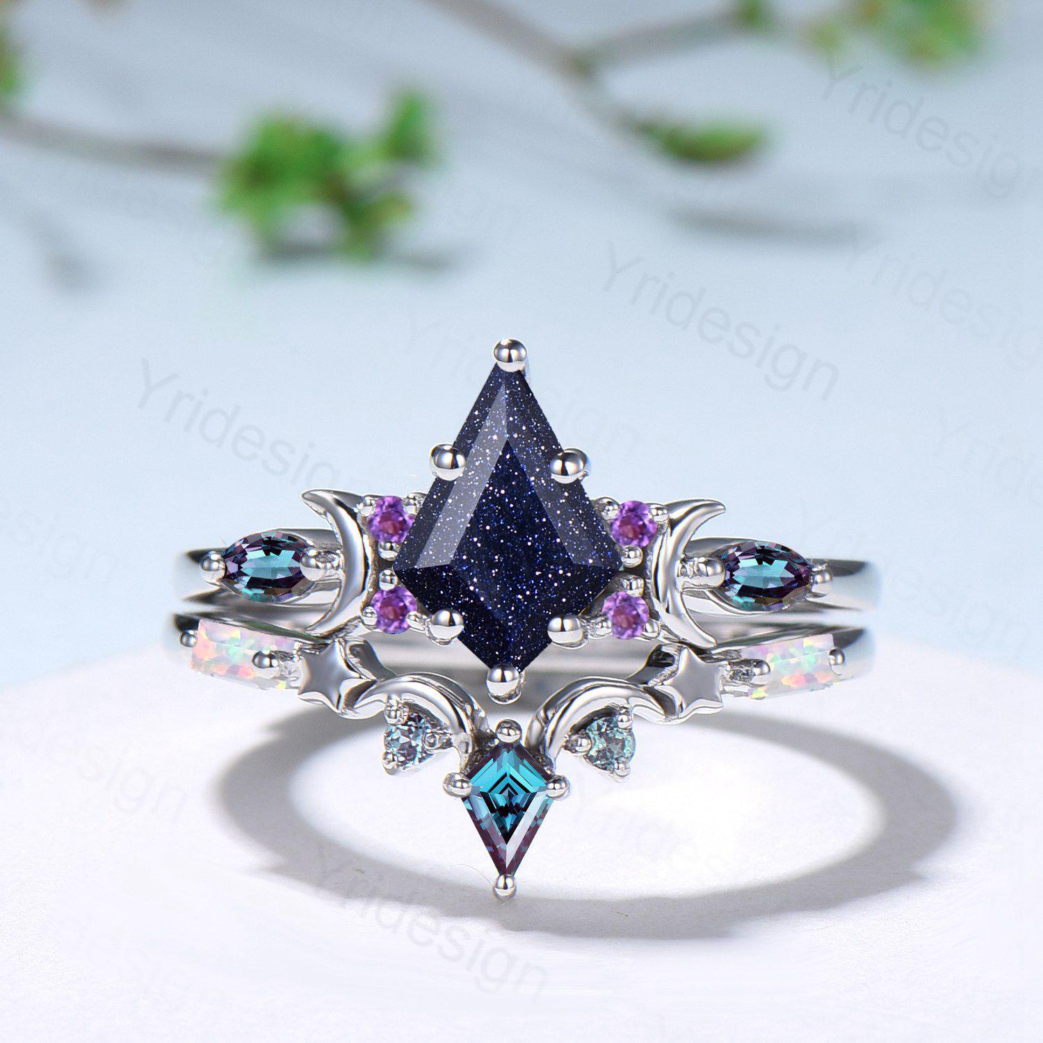 Vintage kite cut blue sandstone engagement ring set Crescent moon star alexandrite amethyst cluster ring unique gothic bridal ring set women - PENFINE