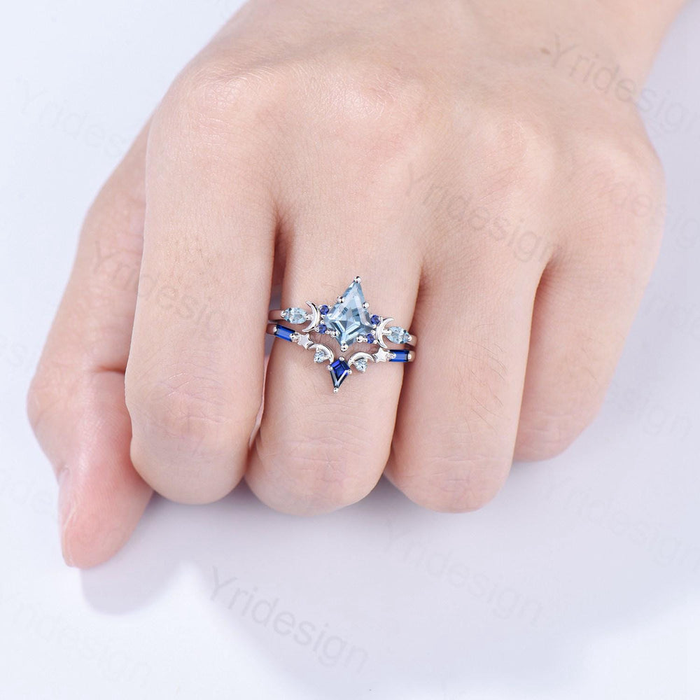 Vintage Aquamarine ring set Unique kite cut aquamarine moon star engagement ring set Elegant March birthstone sapphire wedding set for women - PENFINE