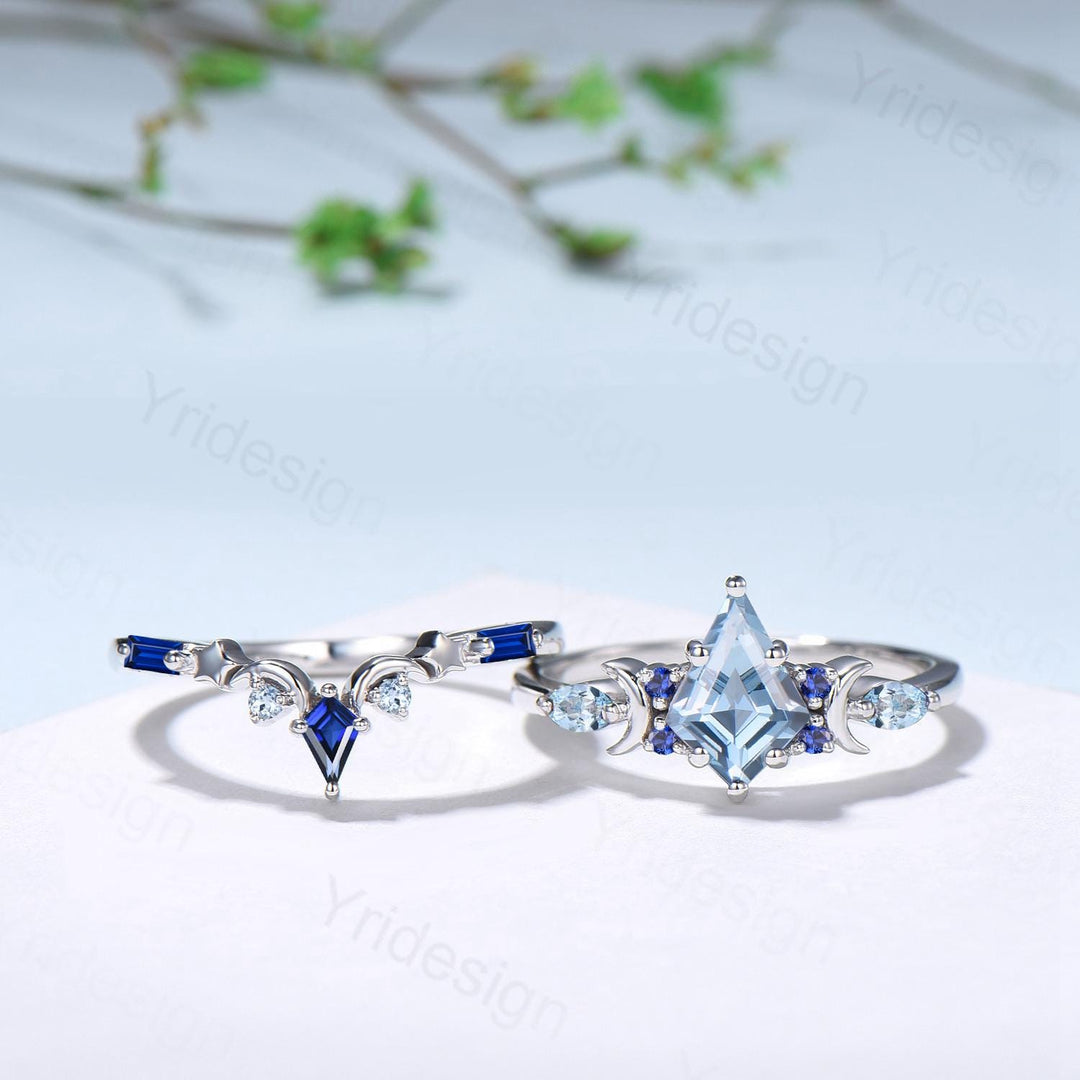 Vintage Aquamarine ring set Unique kite cut aquamarine moon star engagement ring set Elegant March birthstone sapphire wedding set for women - PENFINE