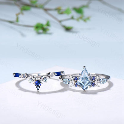 Vintage Aquamarine ring set Unique kite cut aquamarine moon star engagement ring set Elegant March birthstone sapphire wedding set for women - PENFINE