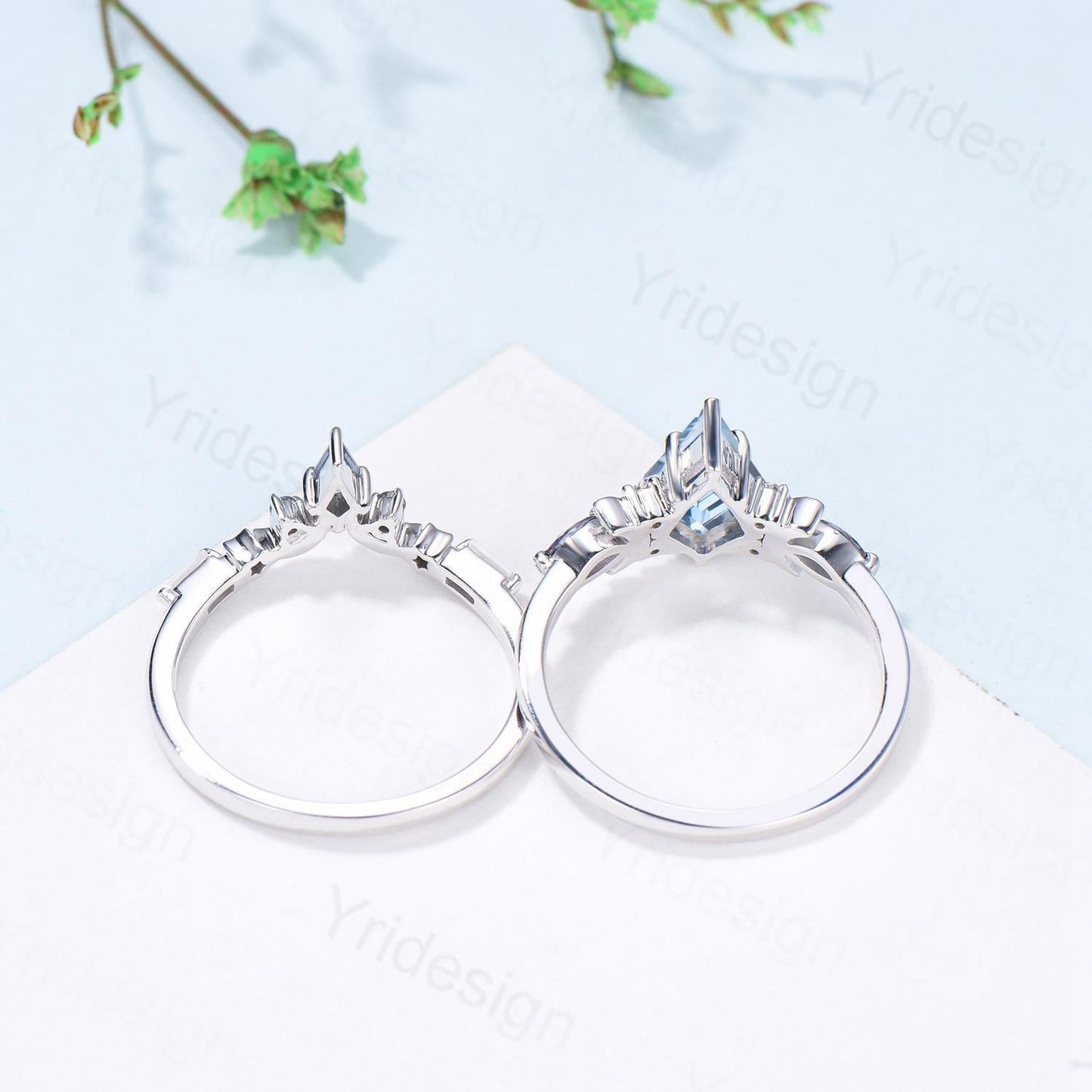 Vintage Aquamarine ring set Unique kite cut aquamarine moon star engagement ring set Elegant March birthstone sapphire wedding set for women - PENFINE