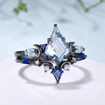 Vintage Aquamarine ring set Unique kite cut aquamarine moon star engagement ring set Elegant March birthstone sapphire wedding set for women - PENFINE