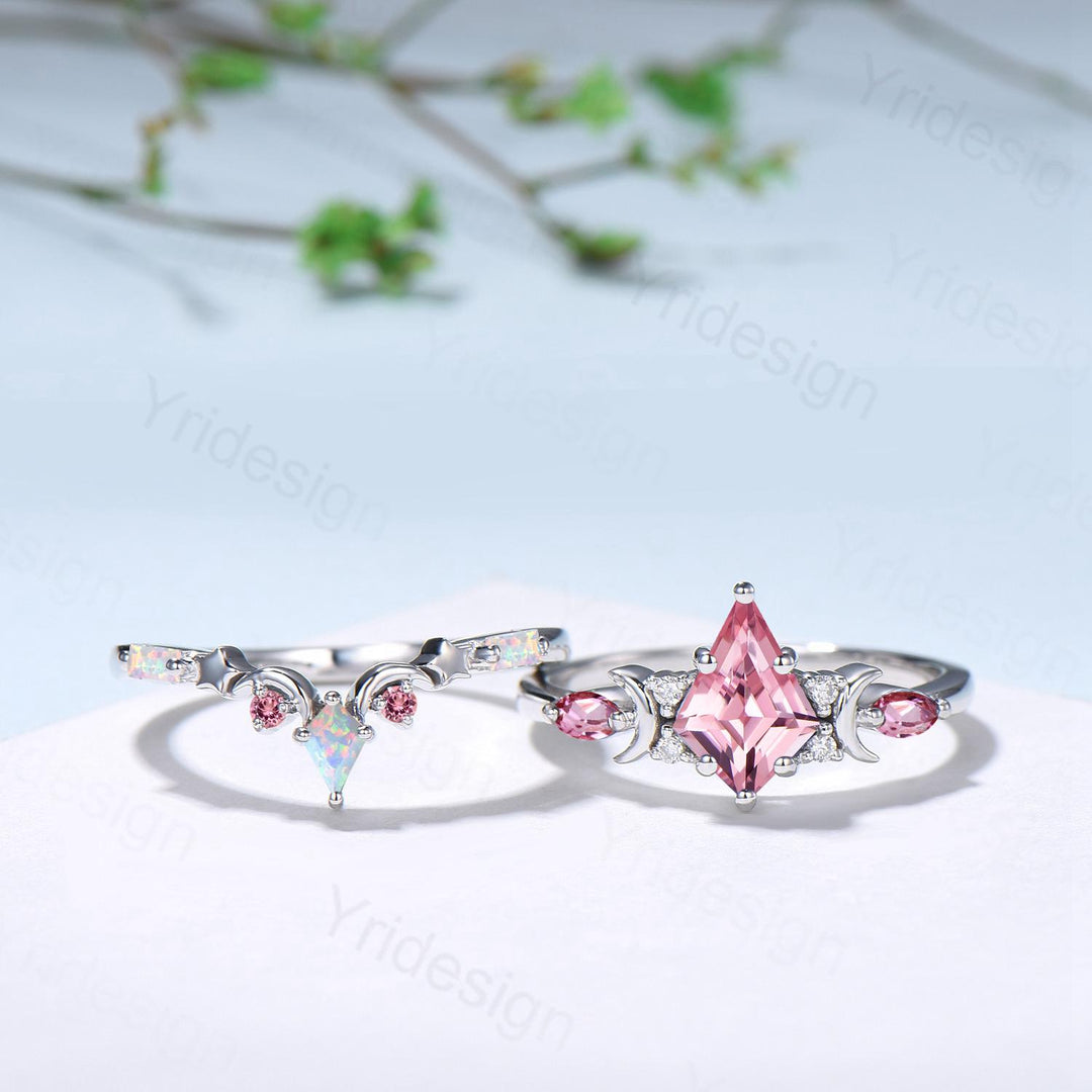 Unique Papalacha sapphire engagement ring set moon star kite cut pink sapphire wedding ring set elegant promise anniversary bridal set women - PENFINE