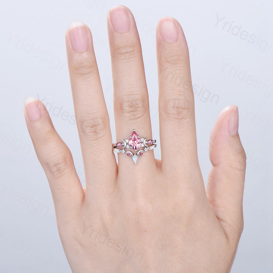 Unique Papalacha sapphire engagement ring set moon star kite cut pink sapphire wedding ring set elegant promise anniversary bridal set women - PENFINE