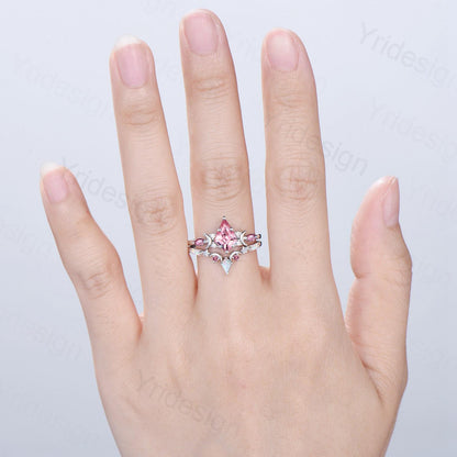 Unique Papalacha sapphire engagement ring set moon star kite cut pink sapphire wedding ring set elegant promise anniversary bridal set women - PENFINE