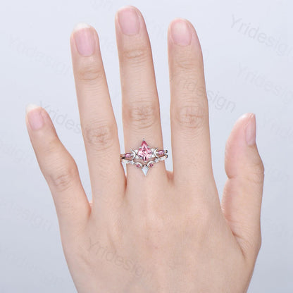 Unique Papalacha sapphire engagement ring set moon star kite cut pink sapphire wedding ring set elegant promise anniversary bridal set women - PENFINE