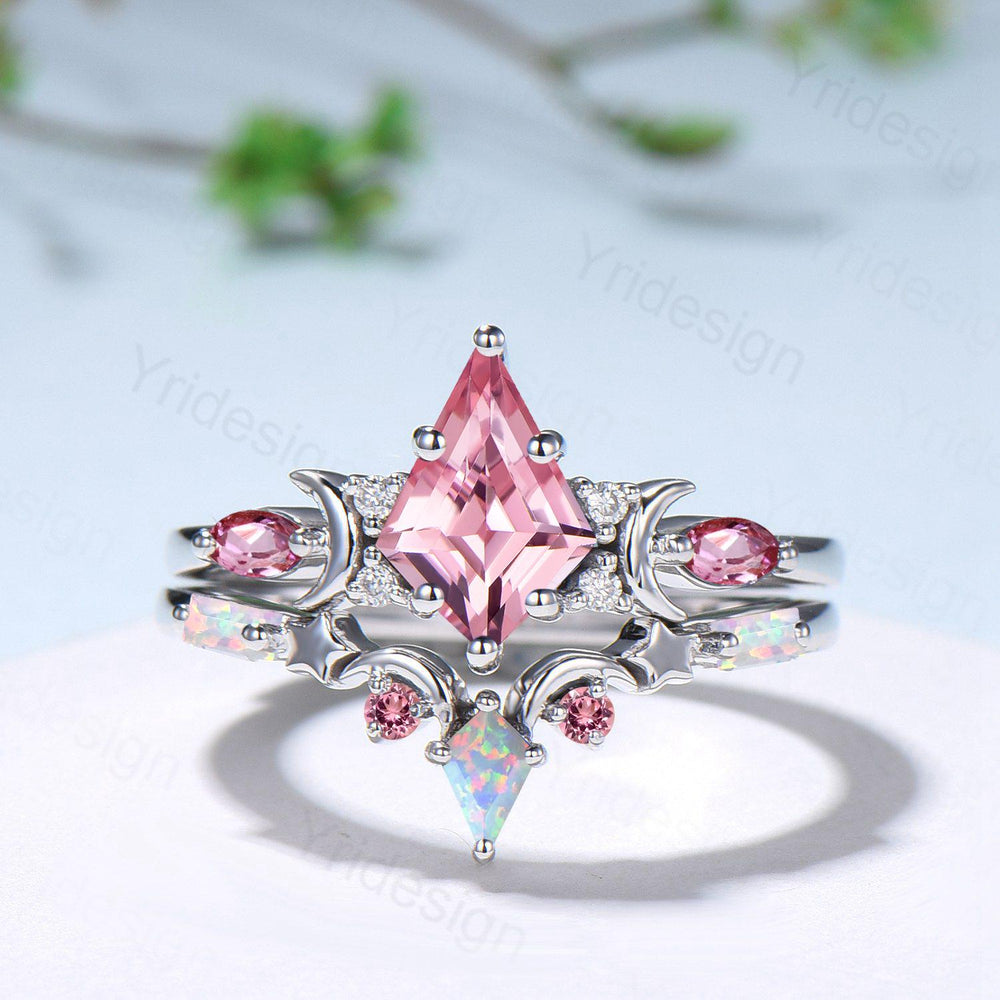 Unique Papalacha sapphire engagement ring set moon star kite cut pink sapphire wedding ring set elegant promise anniversary bridal set women - PENFINE