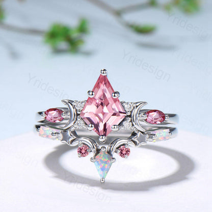 Unique Papalacha sapphire engagement ring set moon star kite cut pink sapphire wedding ring set elegant promise anniversary bridal set women - PENFINE