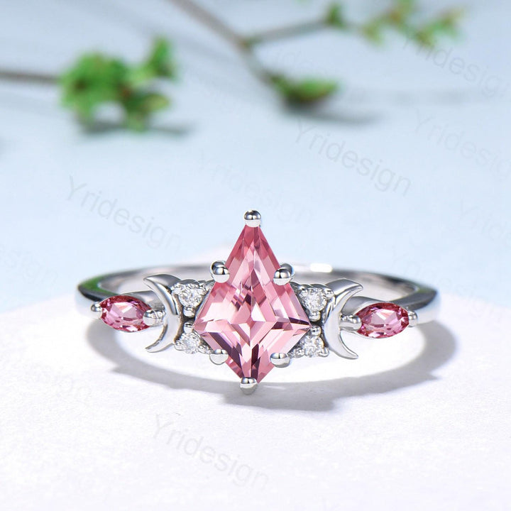Unique Papalacha sapphire engagement ring set moon star kite cut pink sapphire wedding ring set elegant promise anniversary bridal set women - PENFINE
