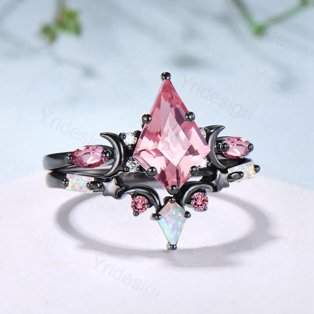 Unique Papalacha sapphire engagement ring set moon star kite cut pink sapphire wedding ring set elegant promise anniversary bridal set women - PENFINE