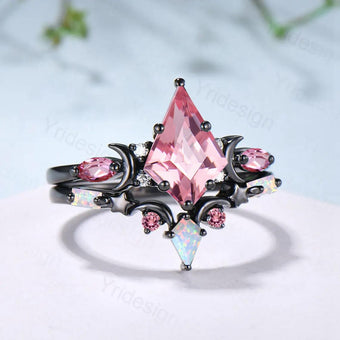 Unique Papalacha sapphire engagement ring set moon star kite cut pink sapphire wedding ring set elegant promise anniversary bridal set women - PENFINE