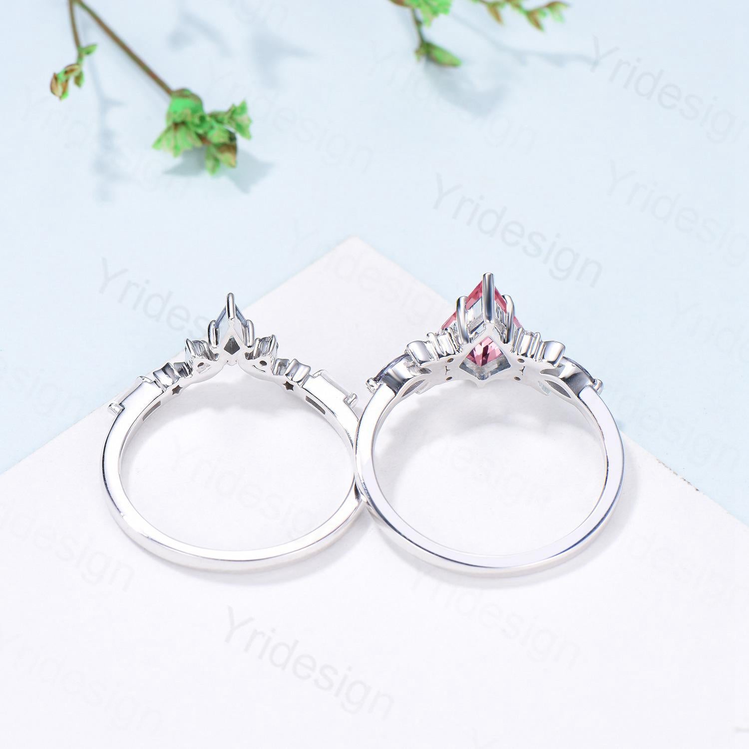 Unique Papalacha sapphire engagement ring set moon star kite cut pink sapphire wedding ring set elegant promise anniversary bridal set women - PENFINE