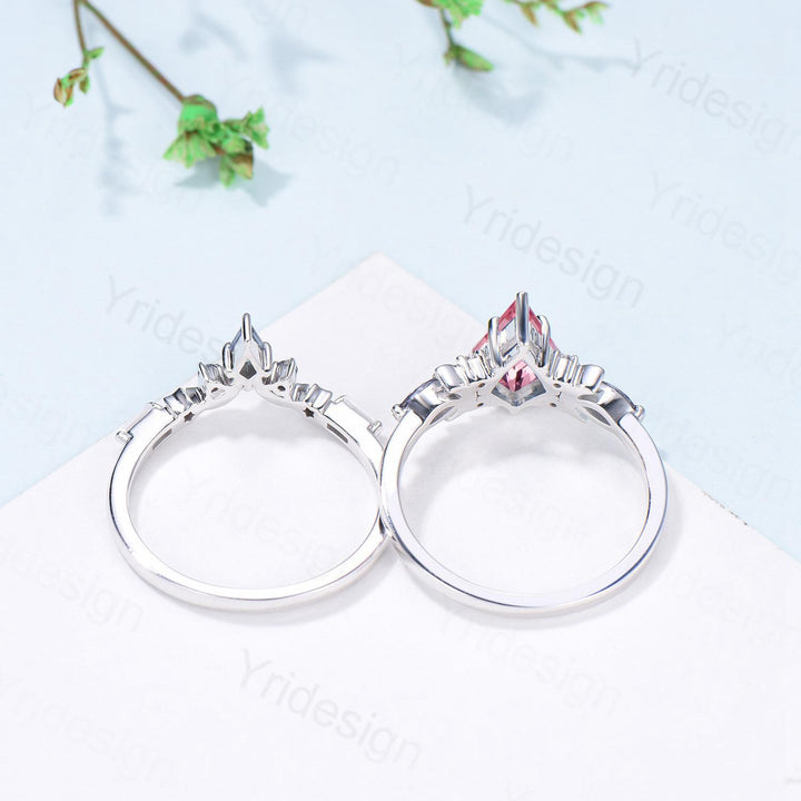 Unique Papalacha sapphire engagement ring set moon star kite cut pink sapphire wedding ring set elegant promise anniversary bridal set women - PENFINE