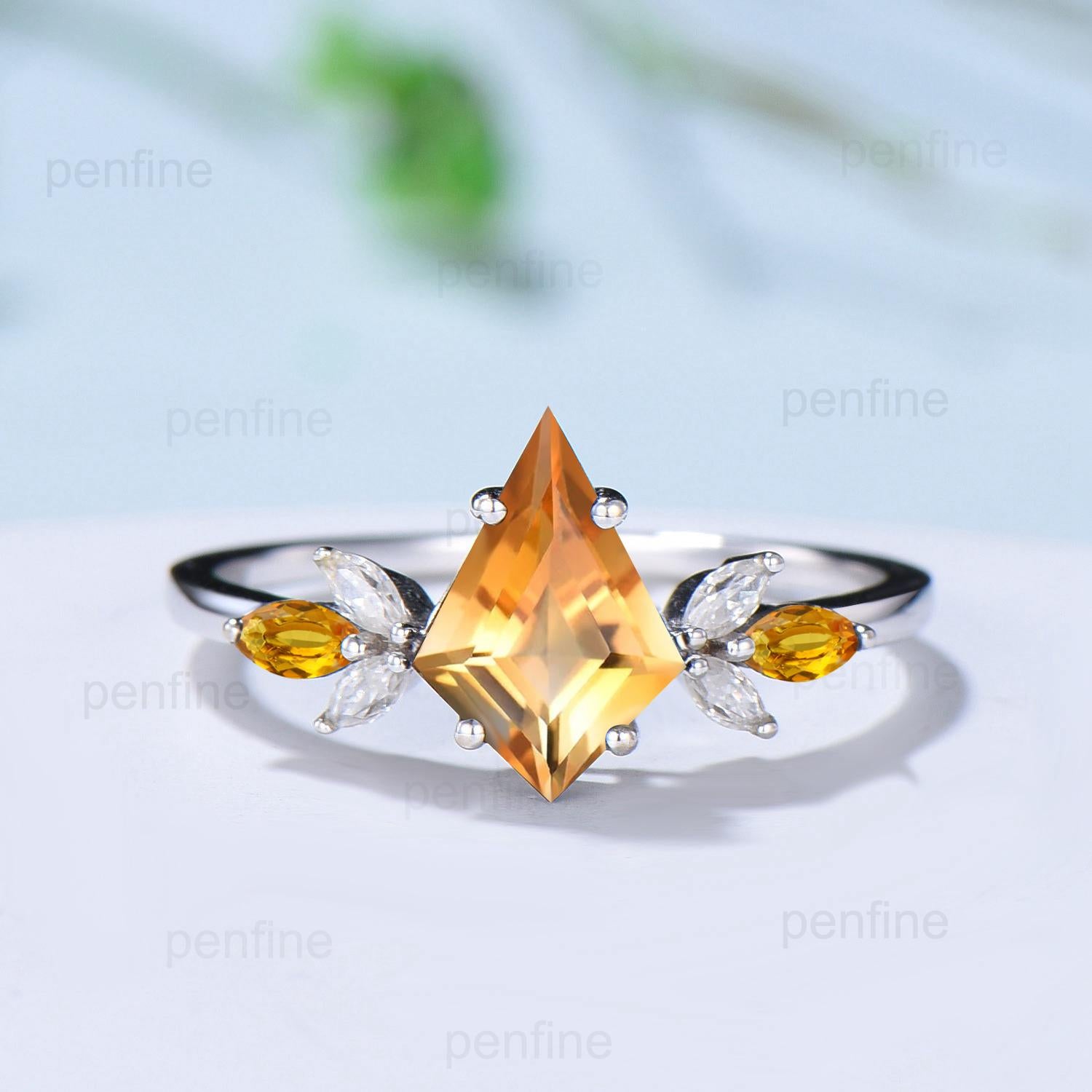 Retro citrine engagement ring set kite cu Vintage kite cut citrine wedding ring for women yellow crystal November birthstone promise ring - PENFINE