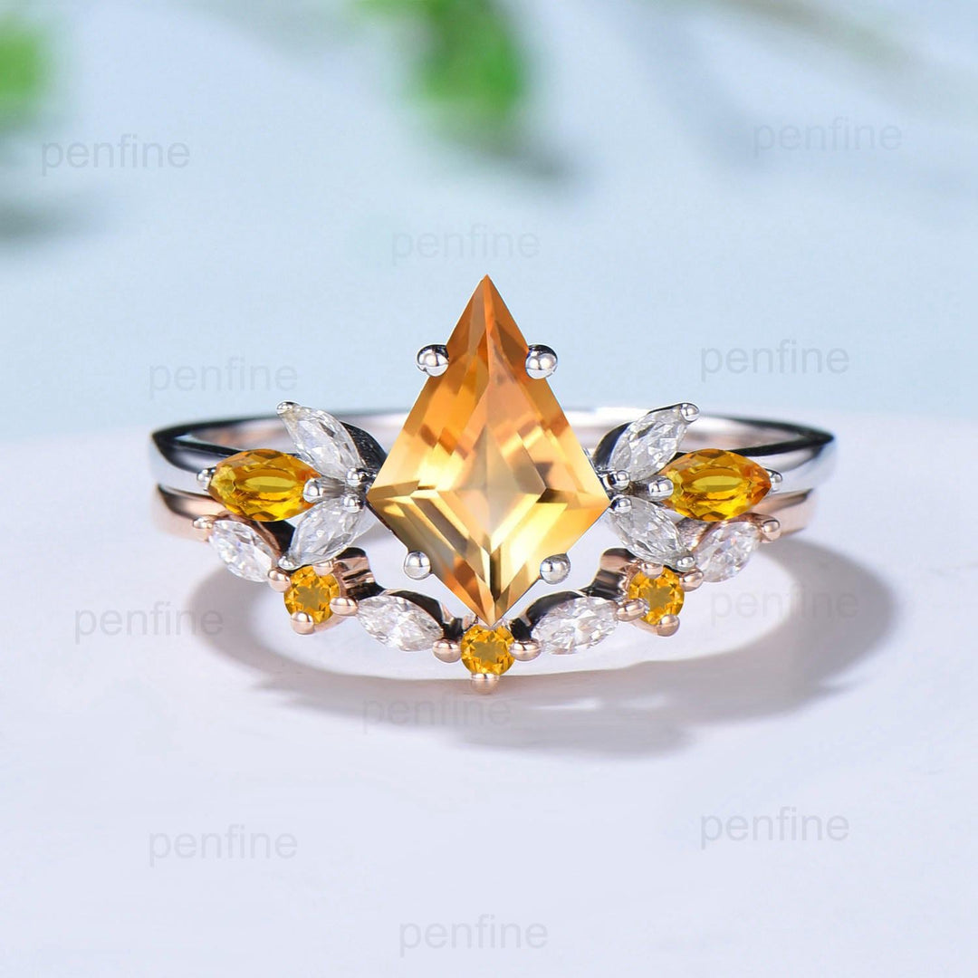 Retro citrine engagement ring set kite cu Vintage kite cut citrine wedding ring for women yellow crystal November birthstone promise ring - PENFINE