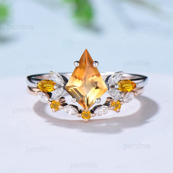 Retro citrine engagement ring set kite cu Vintage kite cut citrine wedding ring for women yellow crystal November birthstone promise ring - PENFINE