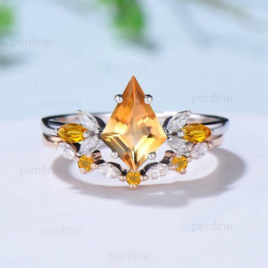 Retro citrine engagement ring set kite cu Vintage kite cut citrine wedding ring for women yellow crystal November birthstone promise ring - PENFINE