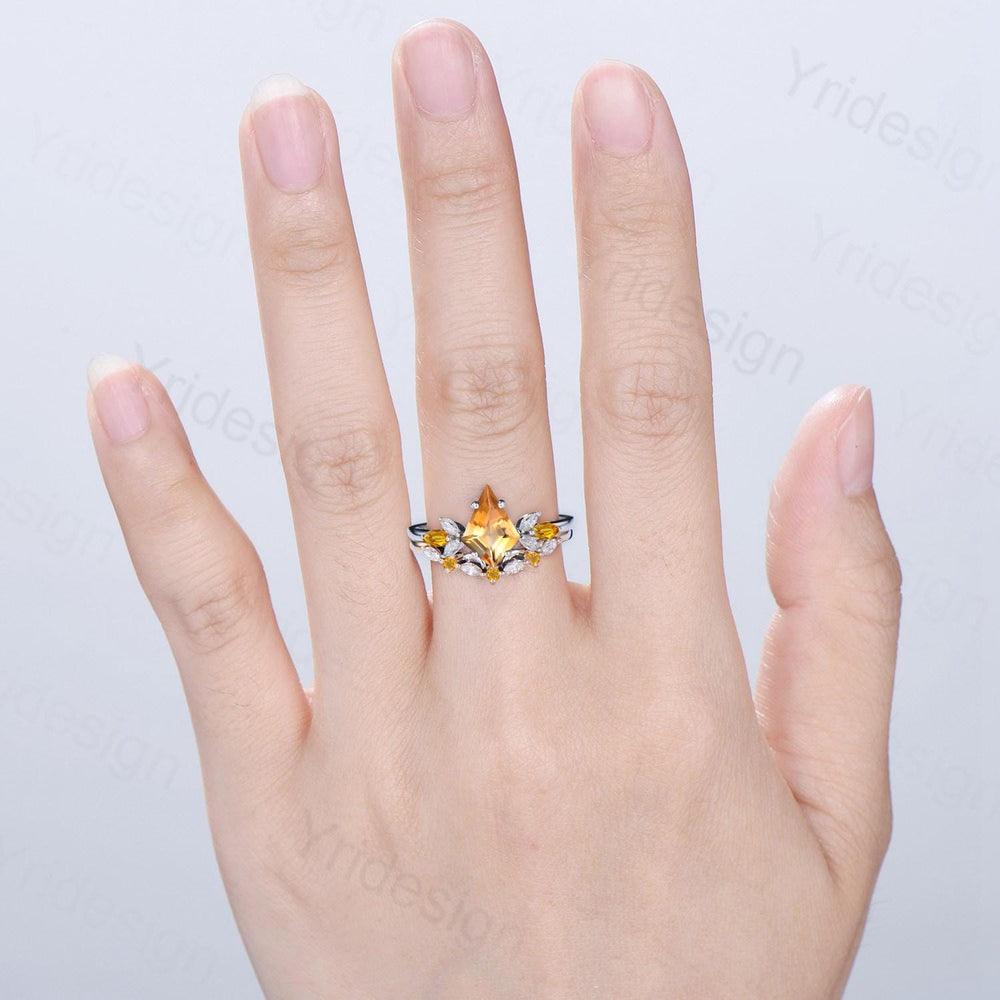 Retro citrine engagement ring set kite cu Vintage kite cut citrine wedding ring for women yellow crystal November birthstone promise ring - PENFINE