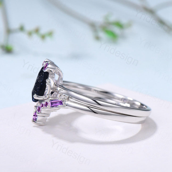 Unique pear blue sandstone engagement ring set, Frog animal inspired galaxy wedding set, three stone amethyst bridal set anniversary gift - PENFINE