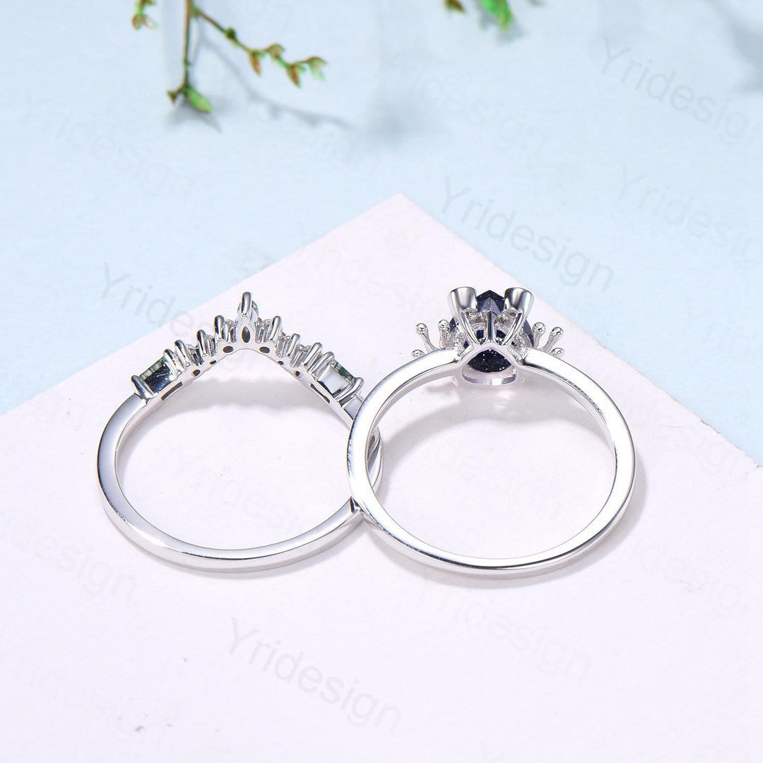 Unique pear blue sandstone engagement ring set, Frog animal inspired galaxy wedding set, three stone amethyst bridal set anniversary gift - PENFINE