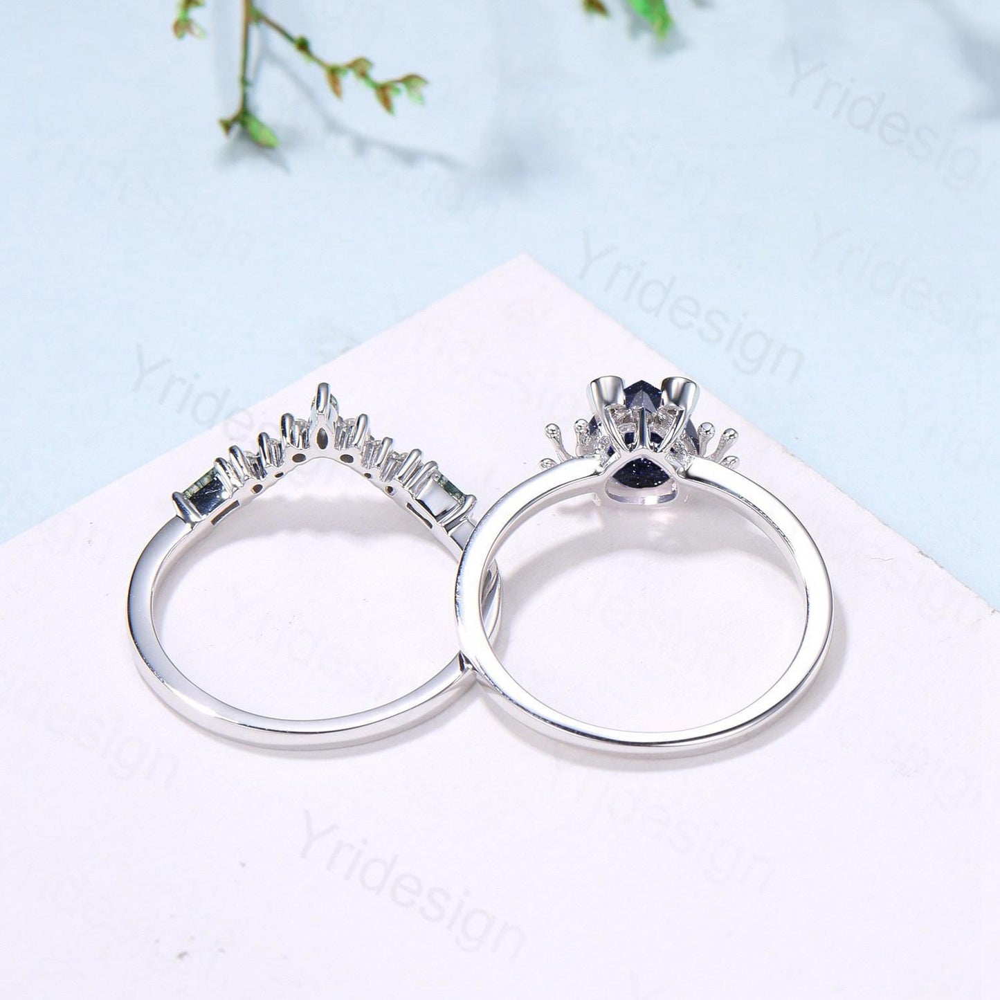 Unique pear blue sandstone engagement ring set, Frog animal inspired galaxy wedding set, three stone amethyst bridal set anniversary gift - PENFINE
