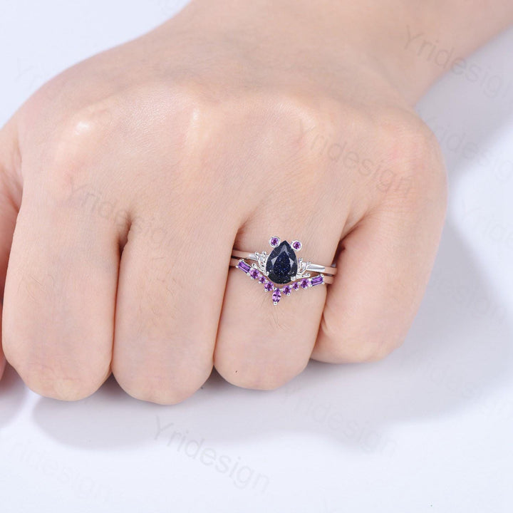 Unique pear blue sandstone engagement ring set, Frog animal inspired galaxy wedding set, three stone amethyst bridal set anniversary gift - PENFINE