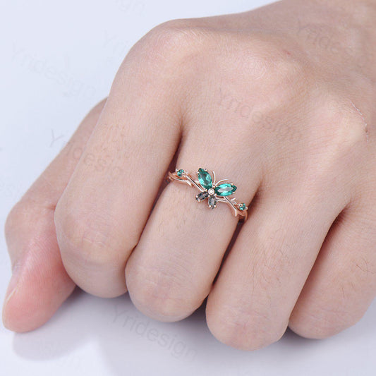 Vintage Butterfly Emerald Engagement Ring Unique Marquise Cut Moss Agate Wedding Ring 14k Rose Gold Flower Promise Anniversary Gift for Wife - PENFINE