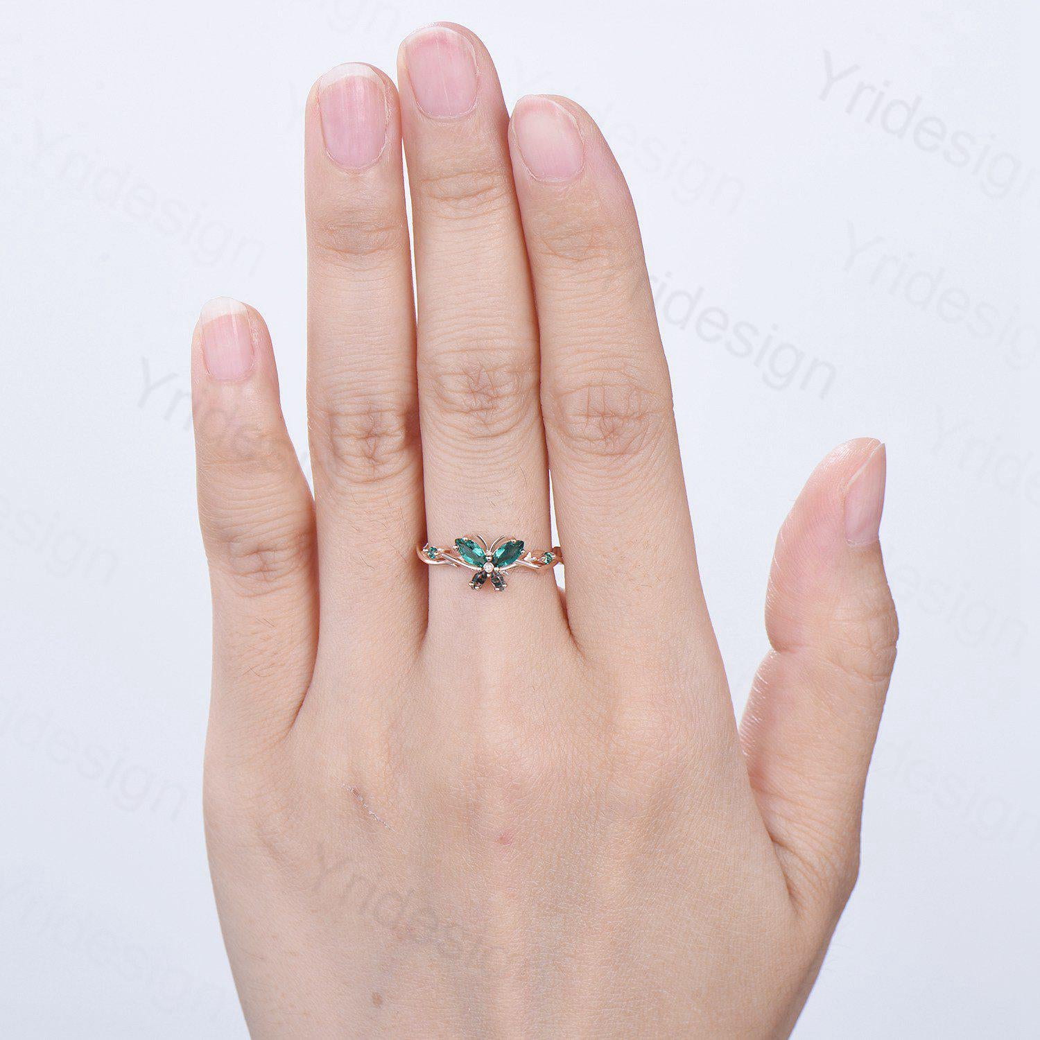 Vintage Butterfly Emerald Engagement Ring Unique Marquise Cut Moss Agate Wedding Ring 14k Rose Gold Flower Promise Anniversary Gift for Wife - PENFINE