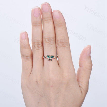Vintage Butterfly Emerald Engagement Ring Unique Marquise Cut Moss Agate Wedding Ring 14k Rose Gold Flower Promise Anniversary Gift for Wife - PENFINE