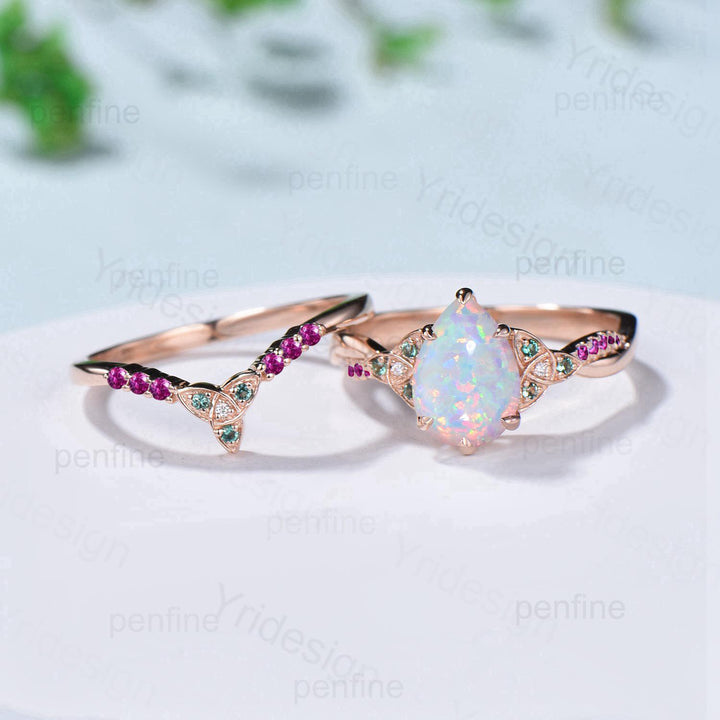 Norse Viking Pear Shaped Opal Wedding Ring Set Celtic Knot 14K Rose Gold Split Shank Opal Ruby Engagement Ring Opal Emerald Bridal Set Women - PENFINE