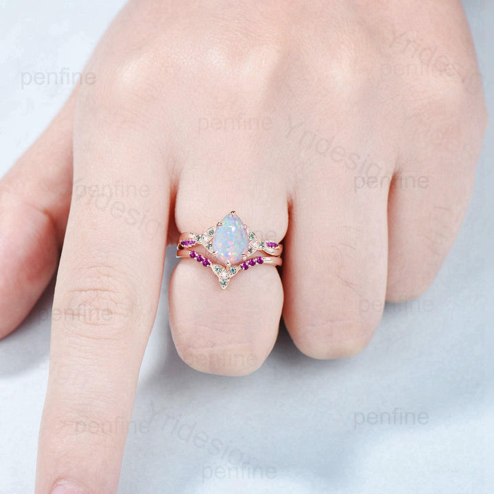 Norse Viking Pear Shaped Opal Wedding Ring Set Celtic Knot 14K Rose Gold Split Shank Opal Ruby Engagement Ring Opal Emerald Bridal Set Women - PENFINE