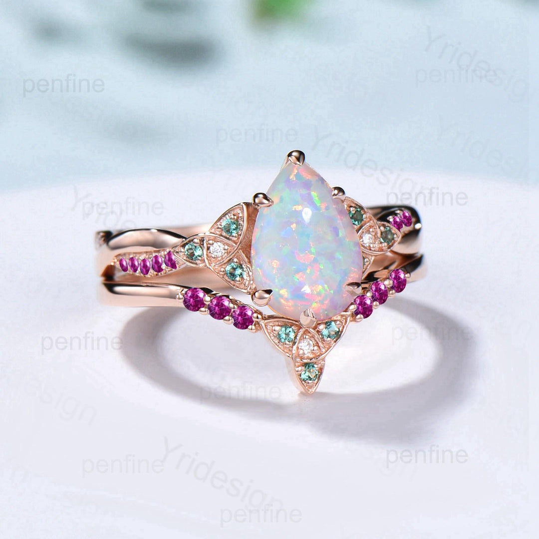 Norse Viking Pear Shaped Opal Wedding Ring Set Celtic Knot 14K Rose Gold Split Shank Opal Ruby Engagement Ring Opal Emerald Bridal Set Women - PENFINE