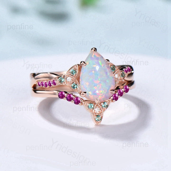 Norse Viking Pear Shaped Opal Wedding Ring Set Celtic Knot 14K Rose Gold Split Shank Opal Ruby Engagement Ring Opal Emerald Bridal Set Women - PENFINE
