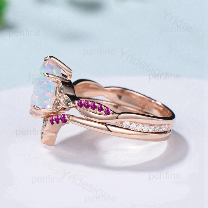 Norse Viking Pear Shaped Opal Wedding Ring Set Celtic Knot 14K Rose Gold Split Shank Opal Ruby Engagement Ring Opal Emerald Bridal Set Women - PENFINE