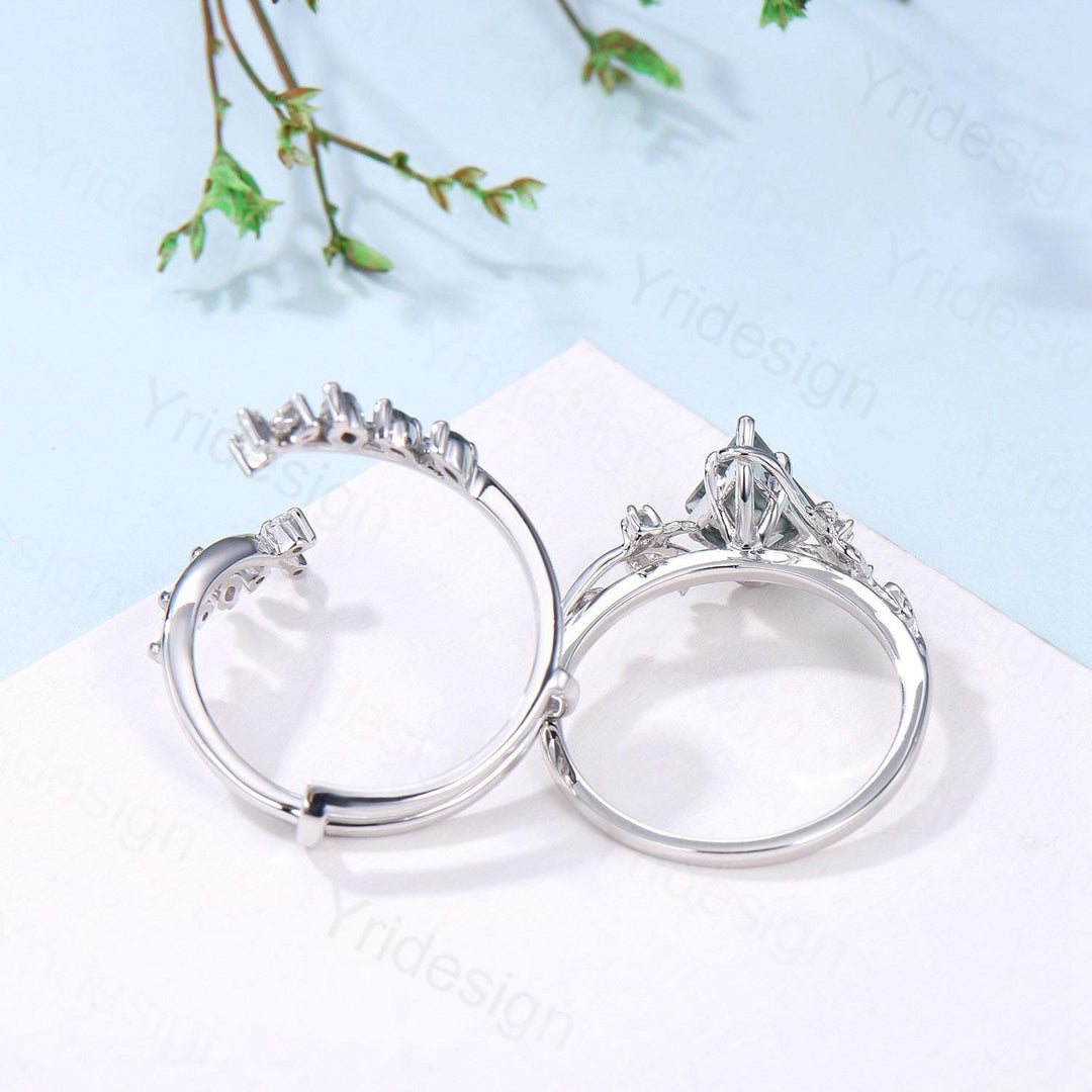 Nature Inspired Kite Cut Natural Morganite Engagement Ring Set Unique Leaf Branch Marquise Moss agate Promise Ring Bridal Wedding Ring Sets - PENFINE