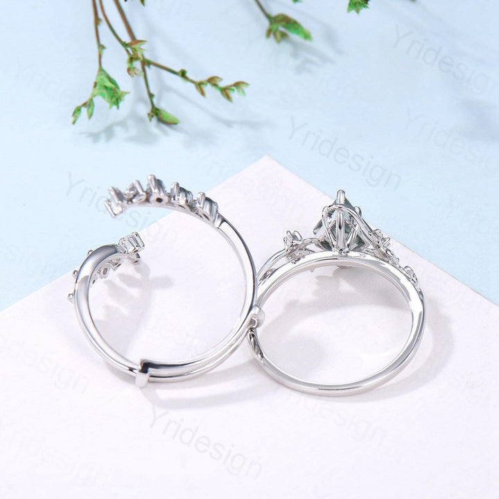 Nature Inspired Kite Cut Natural Morganite Engagement Ring Set Unique Leaf Branch Marquise Moss agate Promise Ring Bridal Wedding Ring Sets - PENFINE
