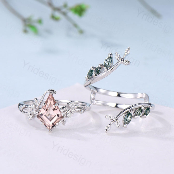 Nature Inspired Kite Cut Natural Morganite Engagement Ring Set Unique Leaf Branch Marquise Moss agate Promise Ring Bridal Wedding Ring Sets - PENFINE