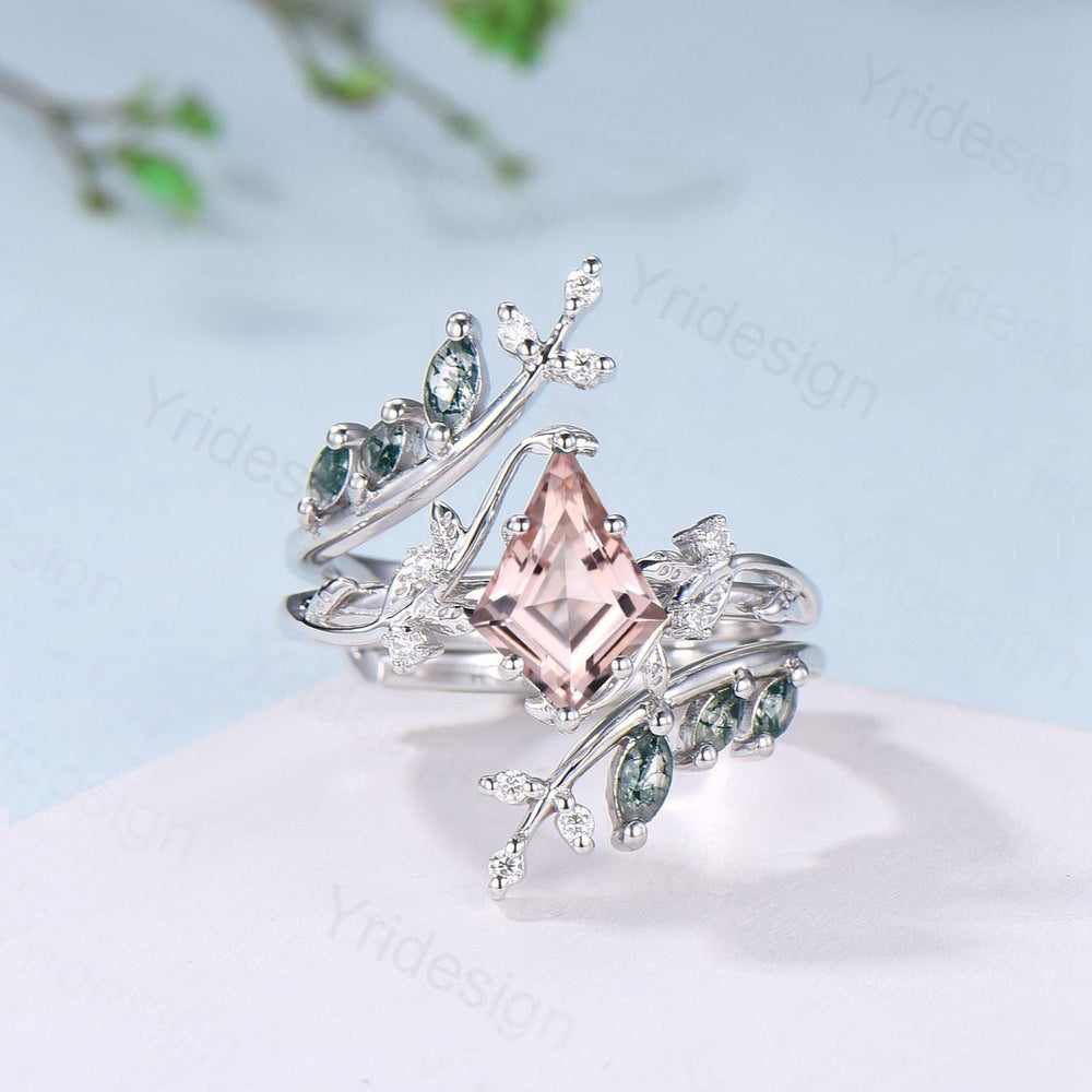 Nature Inspired Kite Cut Natural Morganite Engagement Ring Set Unique Leaf Branch Marquise Moss agate Promise Ring Bridal Wedding Ring Sets - PENFINE