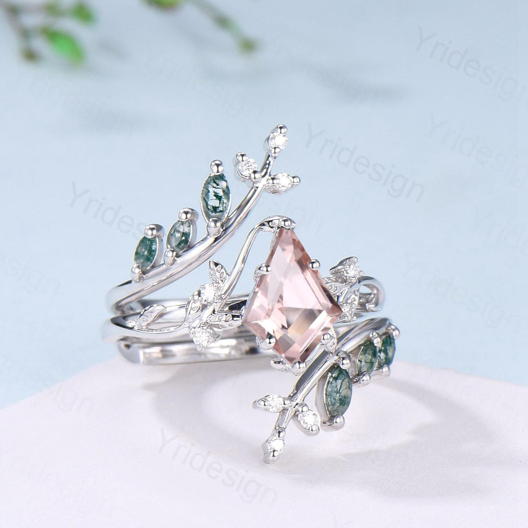 Nature Inspired Kite Cut Natural Morganite Engagement Ring Set Unique Leaf Branch Marquise Moss agate Promise Ring Bridal Wedding Ring Sets - PENFINE