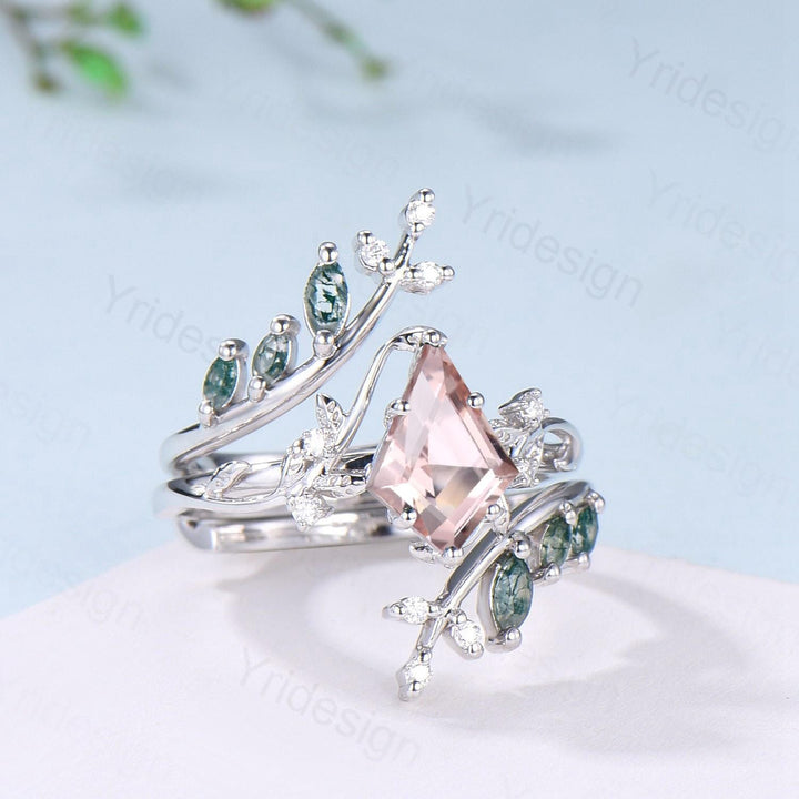 Nature Inspired Kite Cut Natural Morganite Engagement Ring Set Unique Leaf Branch Marquise Moss agate Promise Ring Bridal Wedding Ring Sets - PENFINE