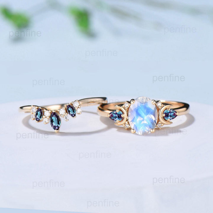 1.5ct Oval Natural Moonstone Engagement Ring Vintage 14K Yellow Gold Alexandrite Moon Wedding Ring June Birthstone Anniversary Promise Gifts - PENFINE