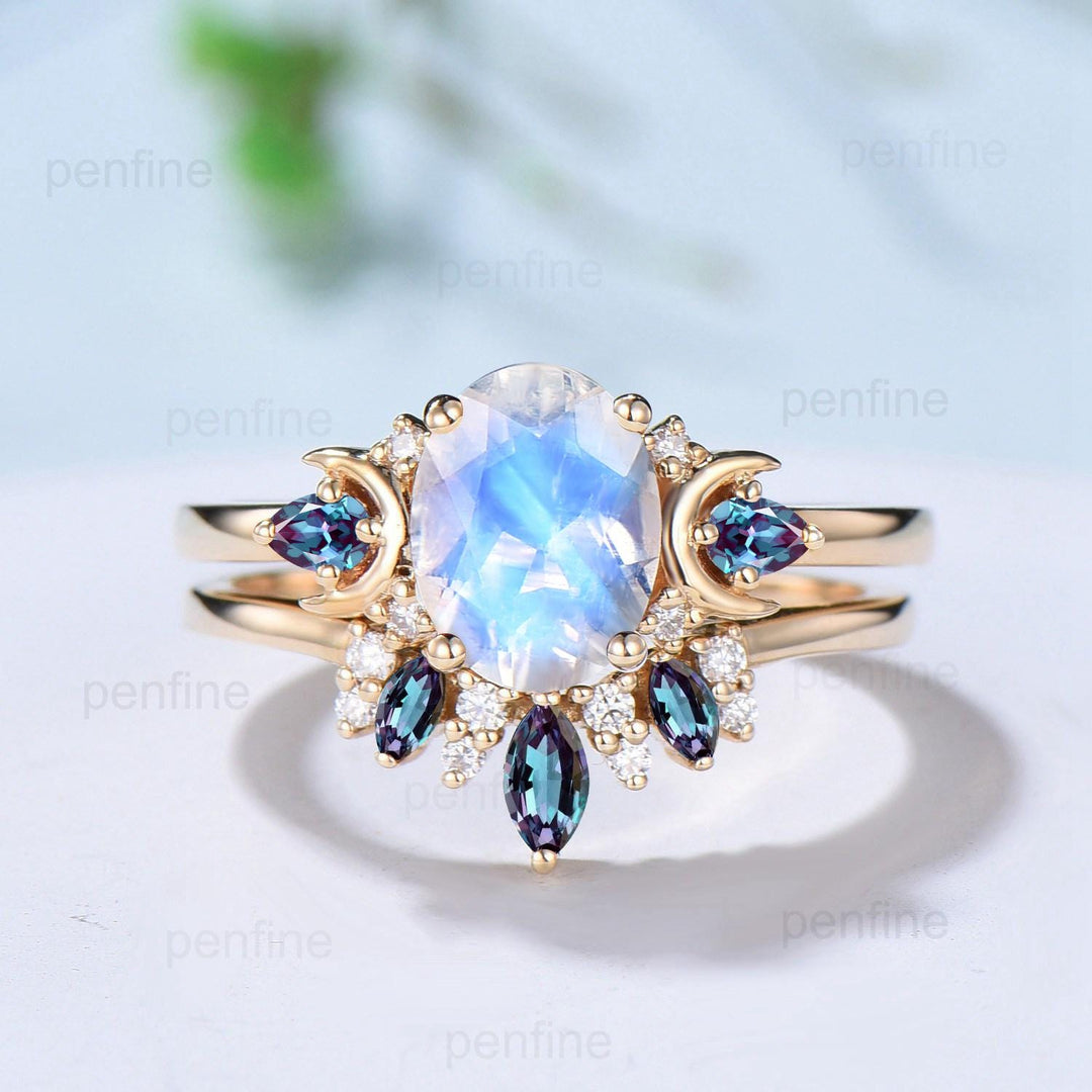 1.5ct Oval Natural Moonstone Engagement Ring Vintage 14K Yellow Gold Alexandrite Moon Wedding Ring June Birthstone Anniversary Promise Gifts - PENFINE