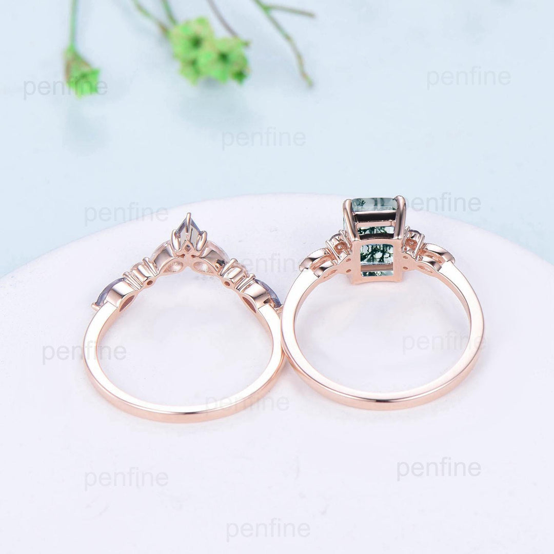 Unique Emerald Cut Natural Moss Agate Engagement Ring Set Seven Stone Green Gemstone Wedding Ring Set 14K Rose Gold Emerald Bridal Set Women - PENFINE