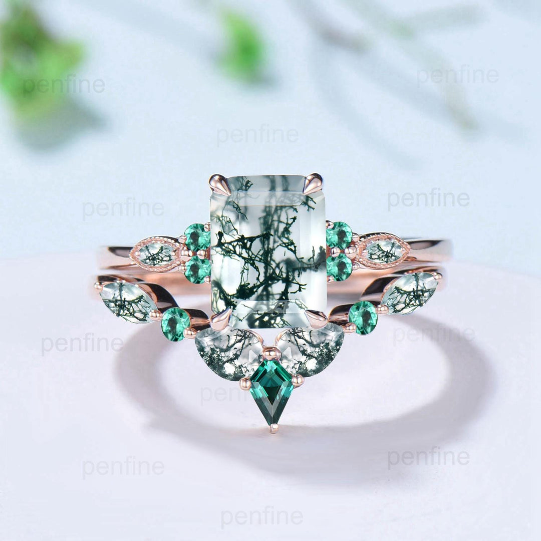 Unique Emerald Cut Natural Moss Agate Engagement Ring Set Seven Stone Green Gemstone Wedding Ring Set 14K Rose Gold Emerald Bridal Set Women - PENFINE