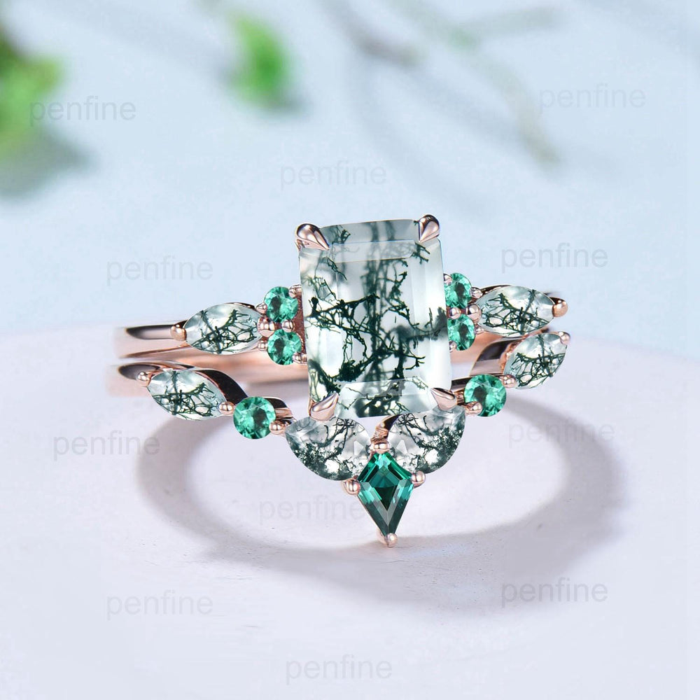 Unique Emerald Cut Natural Moss Agate Engagement Ring Set Seven Stone Green Gemstone Wedding Ring Set 14K Rose Gold Emerald Bridal Set Women - PENFINE